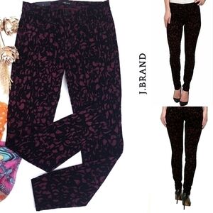 New J. Brand Black Maroon Velour Mid-Rise Mulb Broc Super Skinny Sz 27